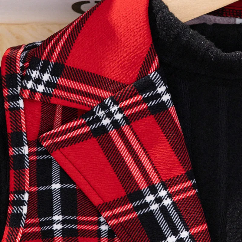 Three Piece Set For Winter Girls Cute And Warm Christmas Plaid Printed Jacket Long Sleeved Pants Princess Birthday Party Dress.