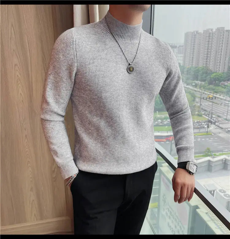 Half Turtleneck Sweater Men with Striped Wool in Autumn Winter Thickened Slightly Loose Base Knitted.