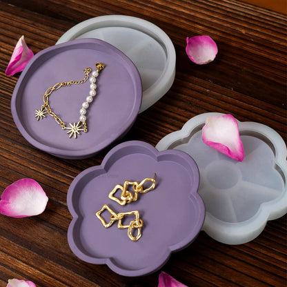 Flower Shape Tray Silicone Mold DIY Handmade Round Coaster Plaster Molds Concrete Resin Storage Plate Crafts Making Home Decor.