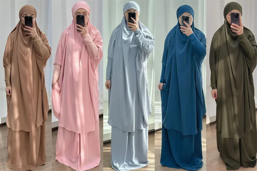 16 Colors 2 Pcs Set Ramadan Eid Modest Abaya Women Muslim Dress Hijab Suit Kaftan Robe Femme Musulmane Islam Caftan Kebaya Sets.