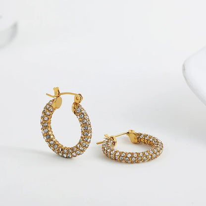 Fashion CZ Zircon Round Huggie Hoop Earrings for Women Geometric U Shape Ear Buckle Hoops Gold Plated Stainless Steel Jewelry.
