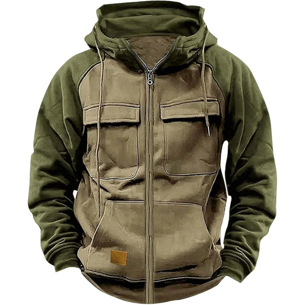 Men's Hooded Sweatshirt Zipper Patchwork Fleece Jacket Warm Sporty Autumn Winter with Multiple Pockets Fashionable Hood.