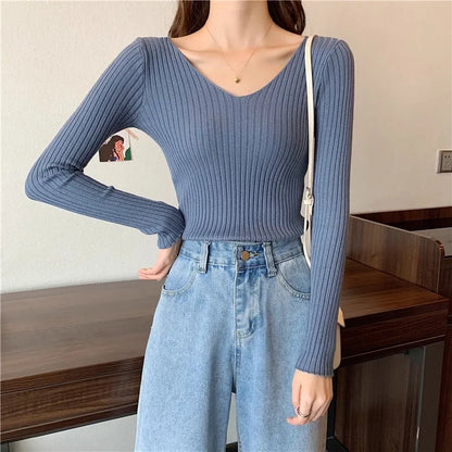 2025 einfarbig Schlank Pullover Koreanische Herbst Winter V-ausschnitt Pullover Mode Lässig Langarm Gestrickte Pullover Frauen Kleidung