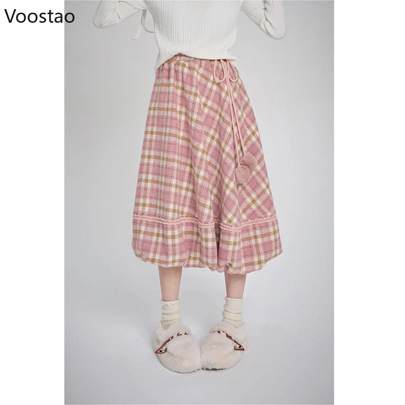 Pink Plaid Vintage Skirt Autumn Winter Women Preppy Style Chic Plush Ball Elegant Midi Skirt Korean Female Y2k A-Line Skirts.