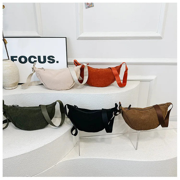 Solid Color Corduroy Women's Hobos Shoulder Bag Retro Casual Female Crossbody Bags Ladies Daily Travel Handbags Messenger Bag.