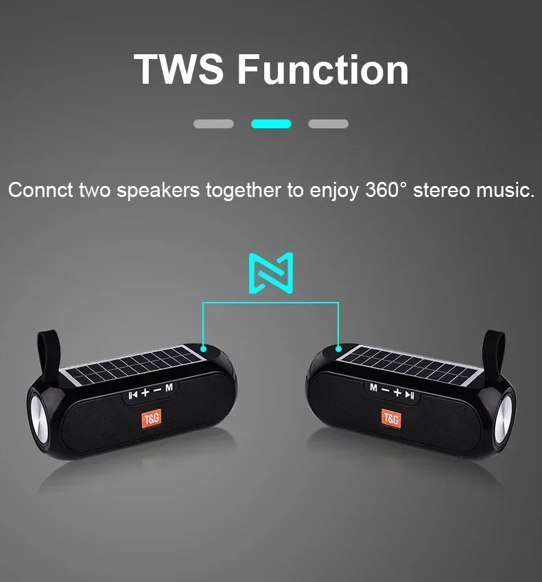 T&G TG182 Solar Charging Portable Stereo speakers Wireless Bluetooth With Mic Outdoor Loudspeaker Waterproof FM Radio Soundbar.