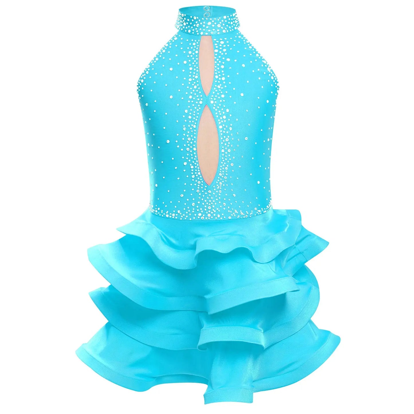 Eiskunstlauf-Kostüm für Teenager-Mädchen, lateinamerikanischer Tanz, Cha-Cha, Tango, Performance-Tanzbekleidung, ärmelloses, gestuftes Kleid mit Strasssteinen