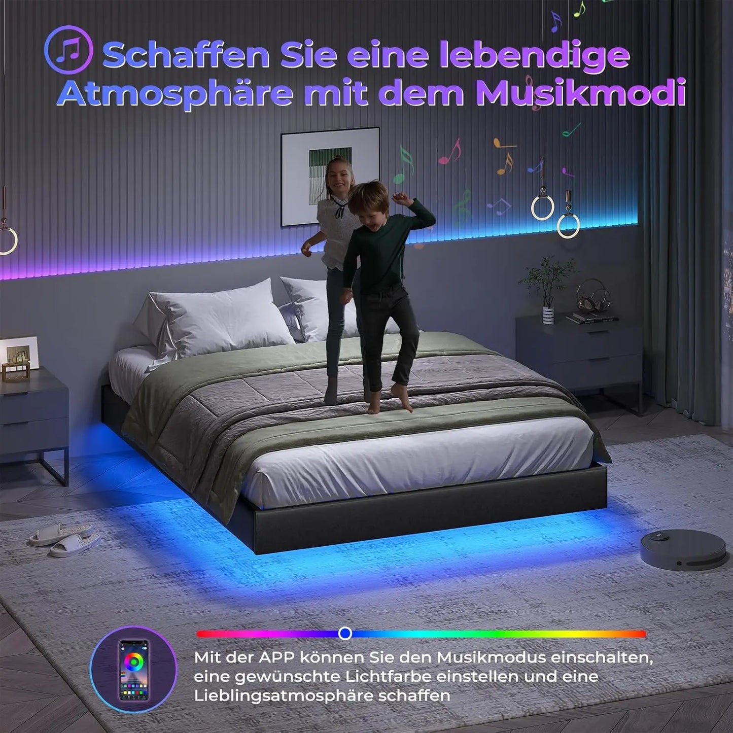 Bett 140x200 mit verstellbarer Beleuchtung, Bettgestell 140x200 mit weicher Polsterung, schwebender Bettrahmen, gepolsterte Jugendbe