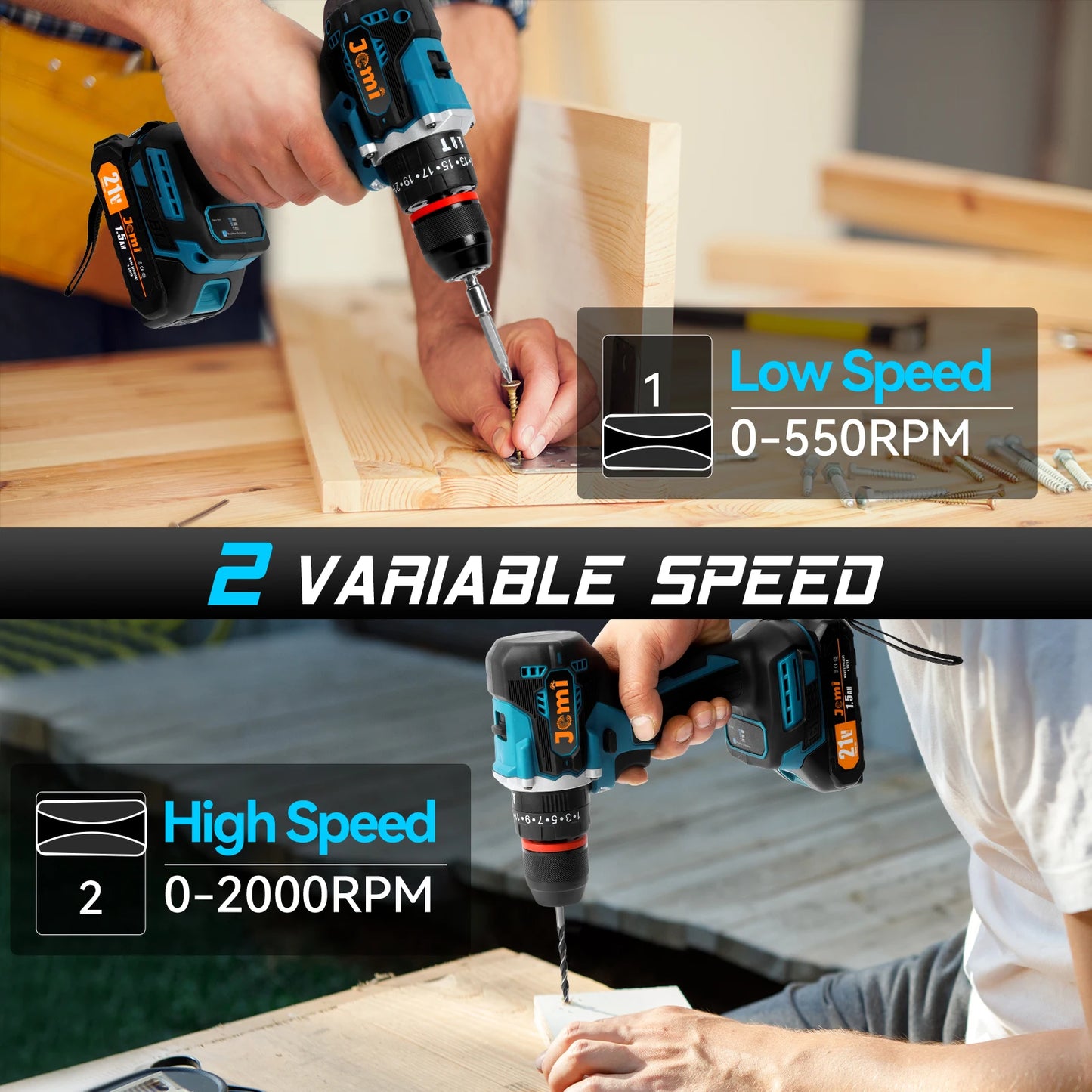 Jemi Tool Akku-Schlagbohrmaschine, mit zwei Geschwindigkeitseinstellungen, ausgestattet mit verschiedenen Größen von Bohrern und Zubehör