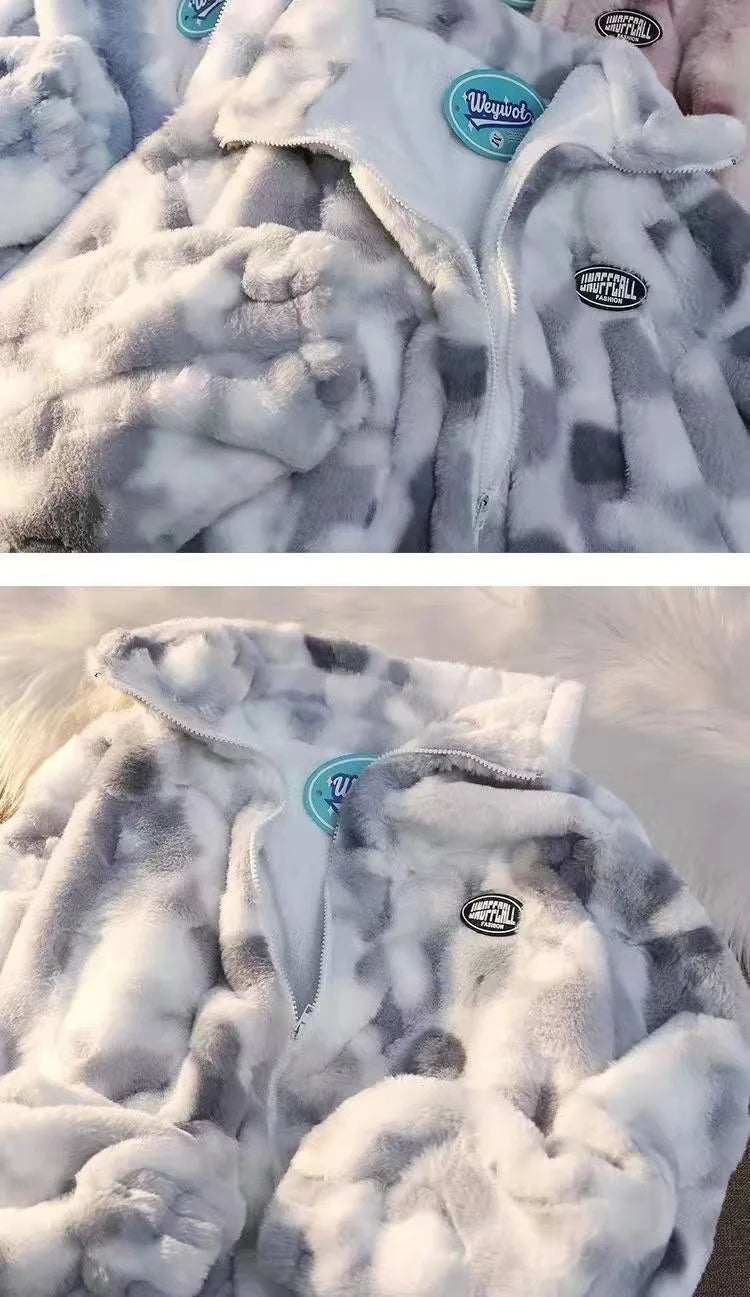 Neue frauen Tie Dye Lamm Fleece Jacke Herbst Winter Zipper Oberbekleidung Warme Plüsch Jacken Harajuku Casual Lose Weibliche Dicken Mantel
