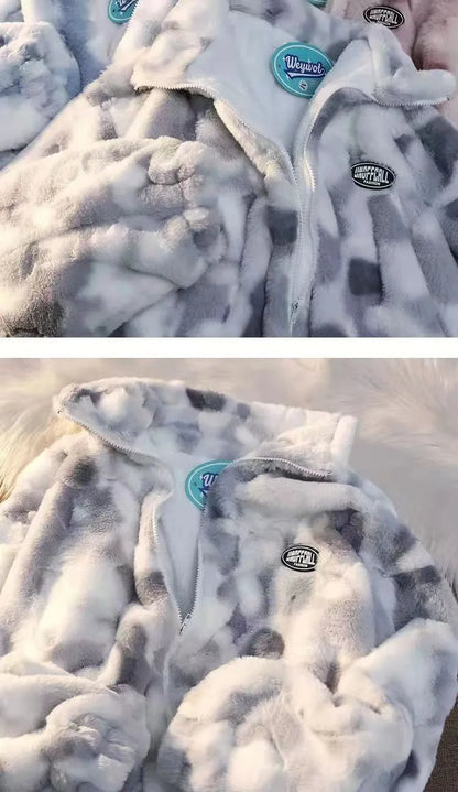 Neue frauen Tie Dye Lamm Fleece Jacke Herbst Winter Zipper Oberbekleidung Warme Plüsch Jacken Harajuku Casual Lose Weibliche Dicken Mantel