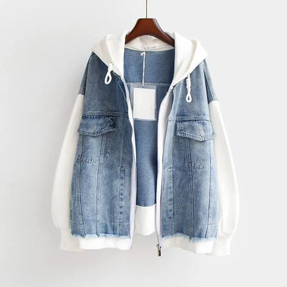 Fake Two-piece Denim Hoodies Coat Women Spring Autumn Trend Cardigan Hoodie Casual Loose Hooded Baseball Jacket Streetwear Woman.