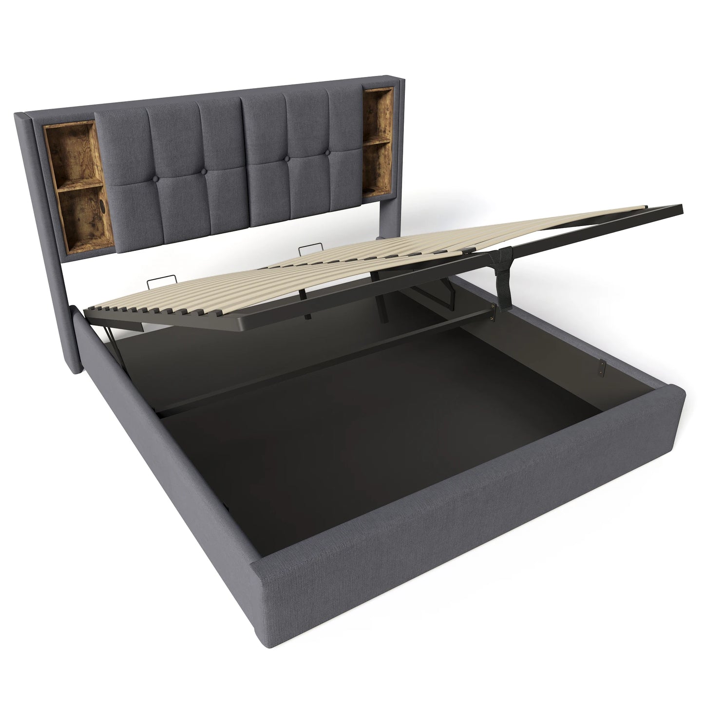 KOMHTOM Doppelbett Polsterbett Grau Baumwolle - Kabelloses Laden USB C, Bettgestell mit Stauraum, Holz-Lattenrost, ohne Matratze