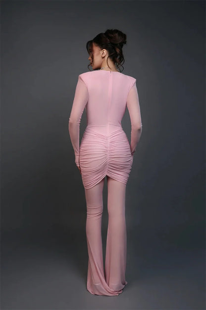 Mozision Deep V Neck Long Sleeve Sexy Jumpsuits Women Autumn Winter Patchwork See Through Ruched Club Party Jumpsuit Female.