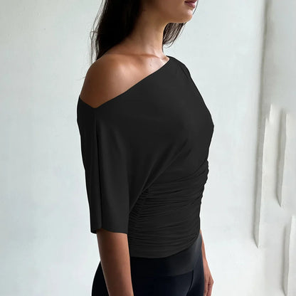 Cryptographic One Shoulder Ruched Asymmetrical Tops for Women Outfits Sexy Short Sleeve Casual Tops Slim T-shirts Summer Clothes