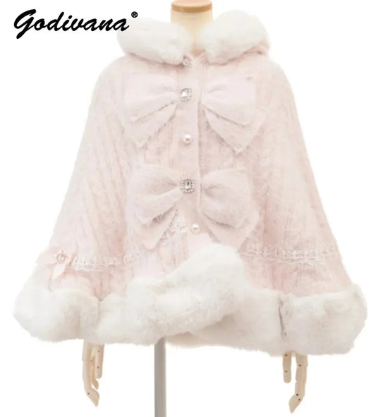 Japanische Liz Süße Prinzessin Faux Kaninchen Fell Cape Mantel Frauen Herbst Winter Pelz Jacke Lose Uhr Strass Bogen Mit Kapuze Mantel