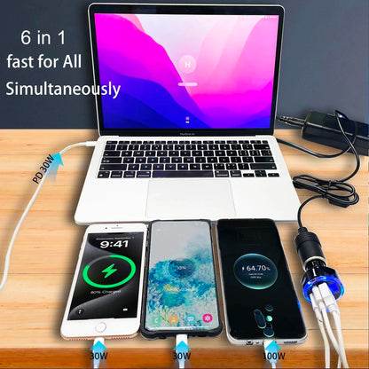 UYUXIO Multi Port USB C Car Charger Adapter with Voltage Display PD 30W Super Fast Charging 6 in 1 for MacBook iPhone Samsung.