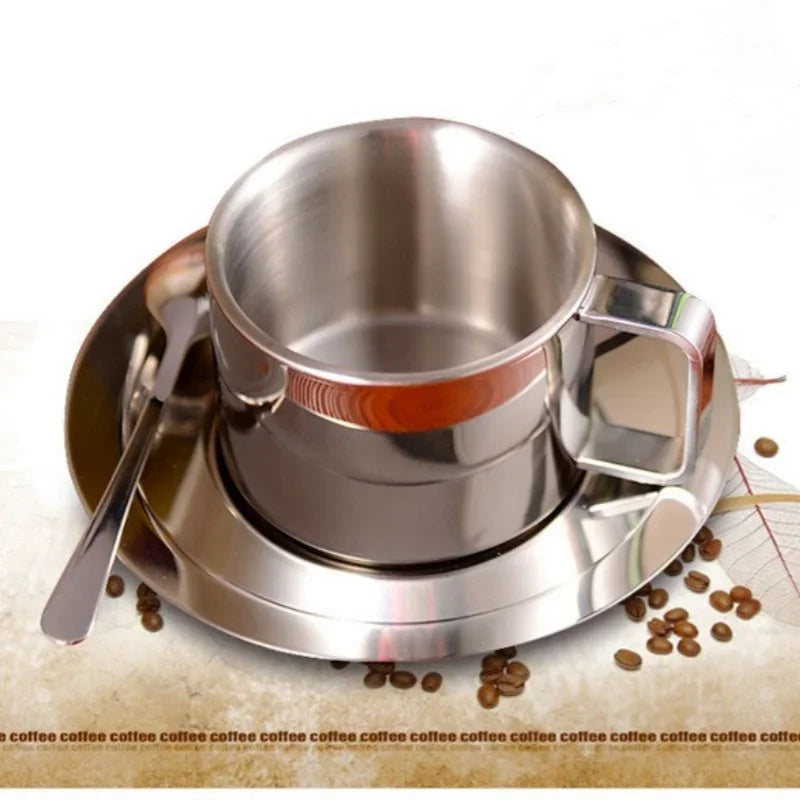 1Set Stainless Steel Coffee Cup Set Double Walled Heat Resistant Mug with Saucer Spoon Drink Tableware Kitchen Cafe Accessories.
