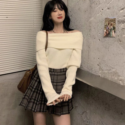 Lucyever Slash Neck Strick pullover Frauen sexy schulter freie Langarm pullover weibliche koreanische elegante verdicken schlanke Pullover Top.