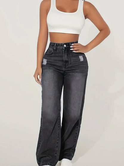 Loose Fit Elastic Fashionable Wide Leg Jeans, Blue Distressed Loose Wide Leg Jeans.