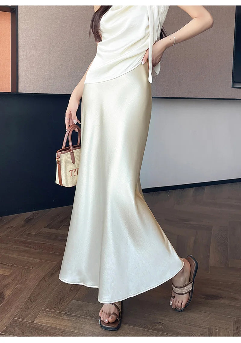 Zoki Chic Satin Elegant Long Skirt Women Casual Fashion High Waist Sweet Trumpet Skirts Slim Summer Female Korean Long Skirts.