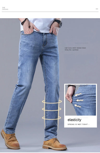 Spring Men's Light Blue Slim Jeans Stylish Casual Stretch Fabric Denim Pants Classic Trousers Smoke Gray.