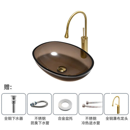 Farbiges, transparentes Badezimmerwaschbecken aus gehärtetem Glas, Hotel, modernes Aufsatzwaschbecken, Waschbecken mit Wasserfall-Wasserhahn, 49 x 35 x 13 cm