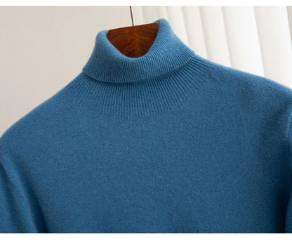 Men 100% Merino Wool Sweater Turtleneck Knitted Pullover Cashmere Warm Solid Color Clothes Business Bottoming Tops Autumn Winter
