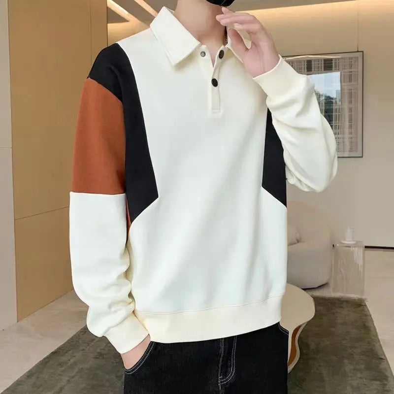 Contrast Patchwork Trend Loose Polo Neck Hoodies Sweatshirts Men's Spring Autumn Long Sleeve Casual Tops Fashion Korean Clothing.