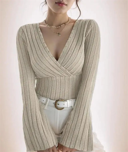 Damen-Herbst- und Winter-Langarmoberteile, sexy, schmale, gestreifte Damenoberteile mit V-Ausschnitt, langärmeliges T-Shirt, gestricktes Bottoming-Shirt