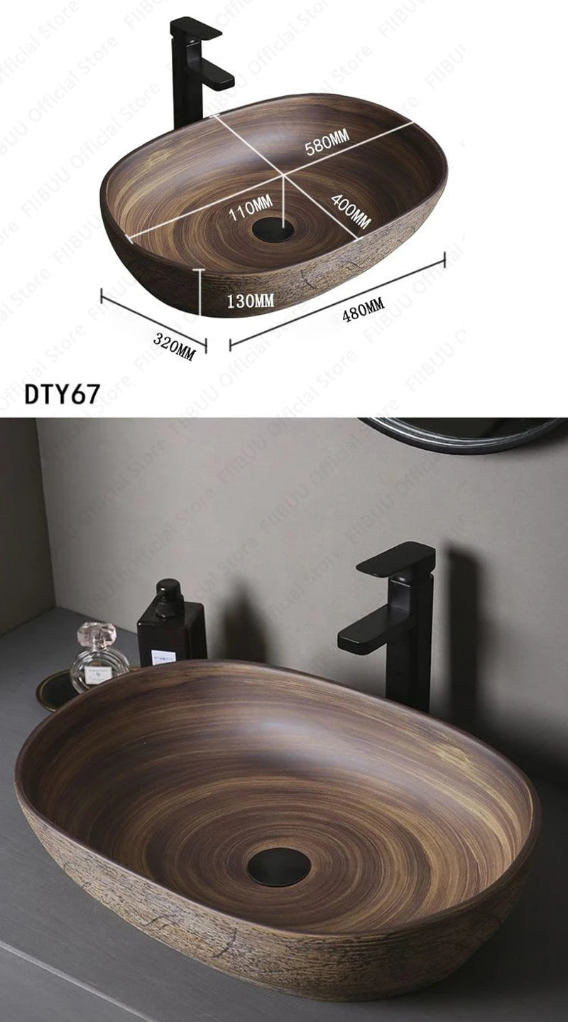 Braunes Keramikgefäß, Waschbecken, Waschtisch, Schüssel, ovaler Badezimmertisch, Waschbecken, Toilette, Balkon, Kunstbecken, über der Theke, Sockelwaschbecken