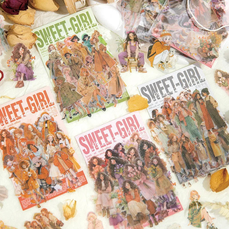 60 pcs Hand malerei Mode süße Mädchen Menschen Aufkleber Vintage Cartoon Mode Mädchen Sammelalbum Ölgemälde Illustration Aufkleber.