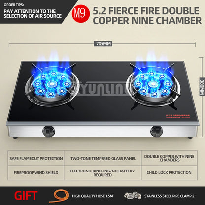Household Desktop Natural Gas Liquefied Gas Timing Stove Double-Hole Fierce Fire Kitchen Cooker Tool.