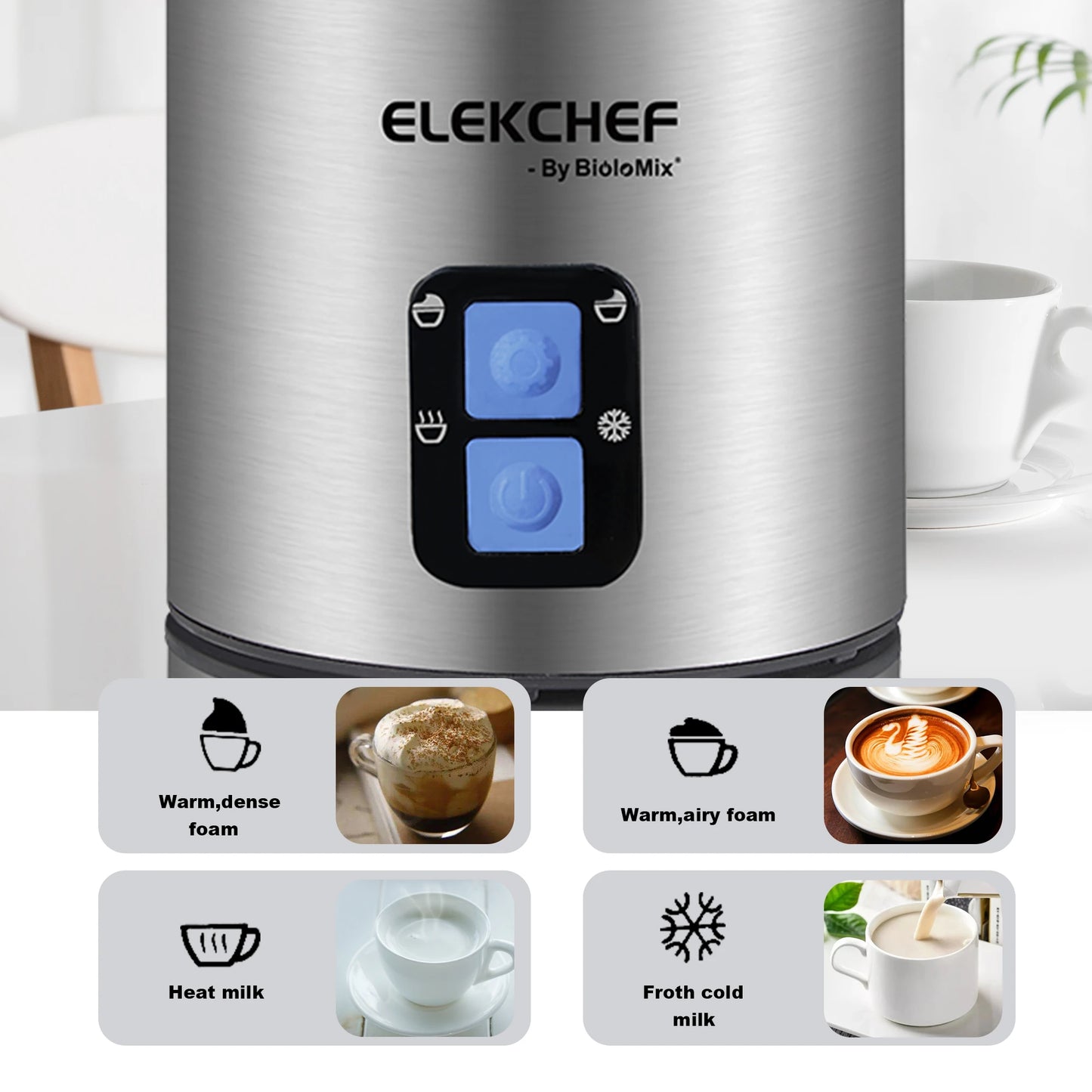 BioloMix Upgraded 4 in 1 Coffee Milk Frother Frothing Foamer Automatic Milk Warmer Cold/Hot Latte Cappuccino Chocolate.