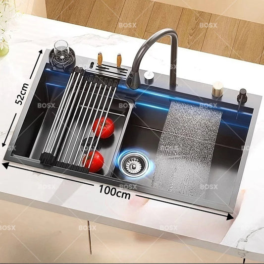 Wasserfall-Küchenspüle aus Edelstahl, extra groß, mit einem Schlitz, multifunktionale Geschirrspülbecken, Unterbaubecken, Tassenwascher