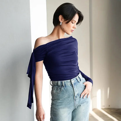 Y24TP610 Women's Autumn New Solid Color Crossbody Single Shoulder Top Sexy Asymmetric Single Sleeve T-Shirt From China.