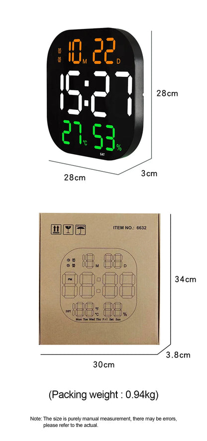 13 Zoll LED große digitale Wanduhr mit Fernbedienung TEMP Luftfeuchtigkeit Woche Auto Dimmer 12/24H Wecker für Home Office Dekor