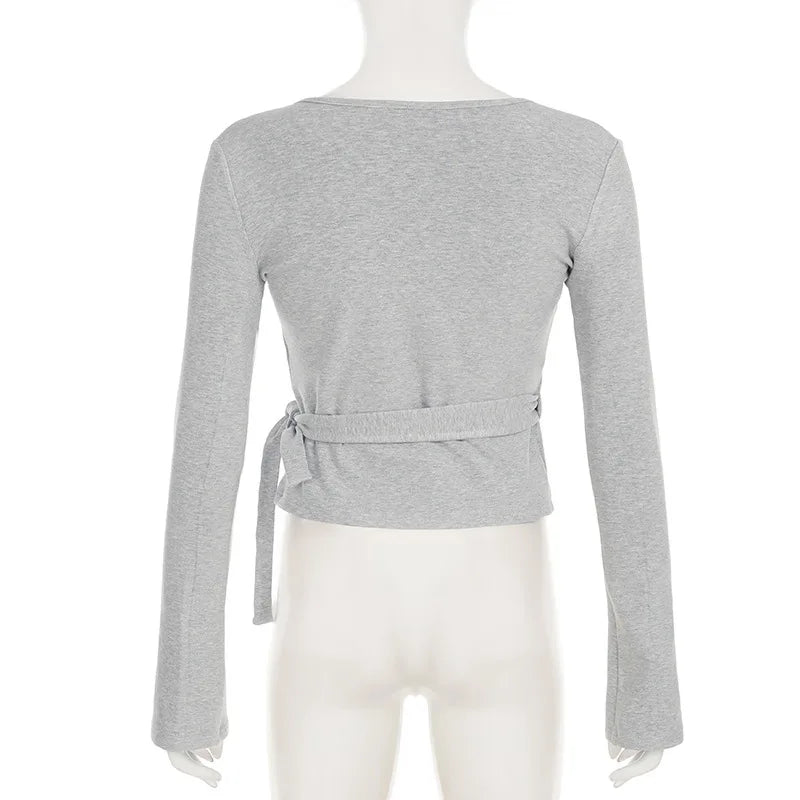 Apprabant Casual Fashion Drawstring High Waist Trousers Set Lace Up Flared Sleeve V Neck Twist Tops Plush Loose Pants Suit.