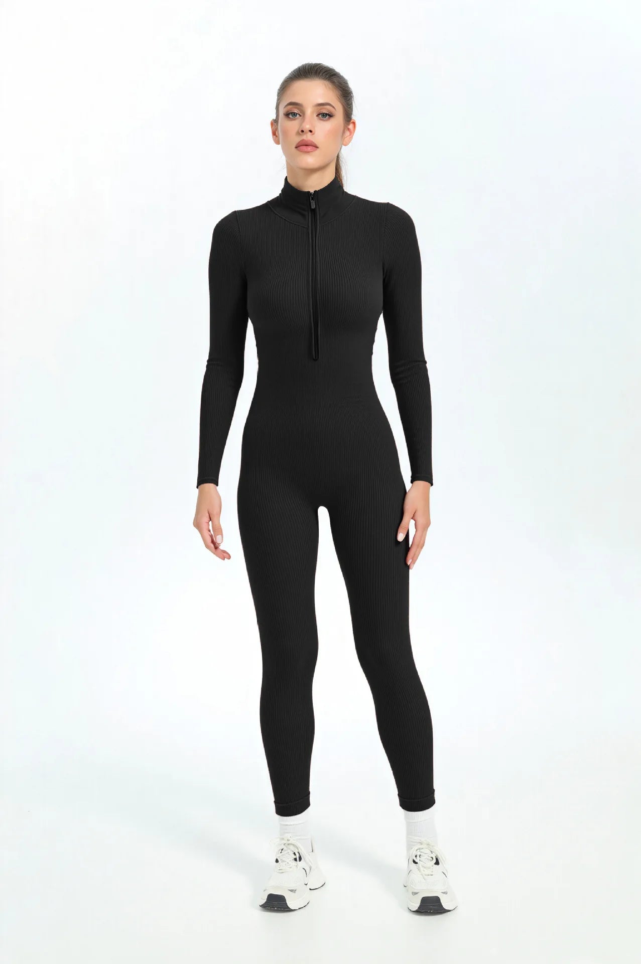 Seamless Ribbed Knit Bodysuit Women Zip Up Stand Collar Long Sleeve Thumbhole Yoga Romper Winter Thermal Workout Outfit.