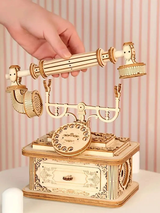 Creative Retro Telephone 3D Wooden Puzzle for Adults Tabletop Model Kits Decoration and Gift for Christmas Birthday.