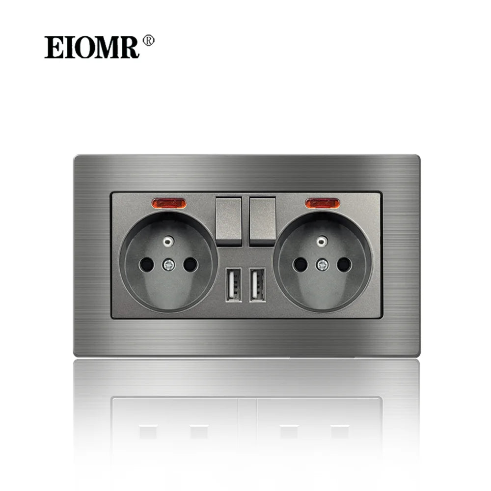 EIOMR Frankreich Standard-Steckdose, graue Aluminiumlegierung, Lichtschalter, RJ45, Fernseher, 220 V, 16 A, Wandsteckdosen für Haushaltsgeräte