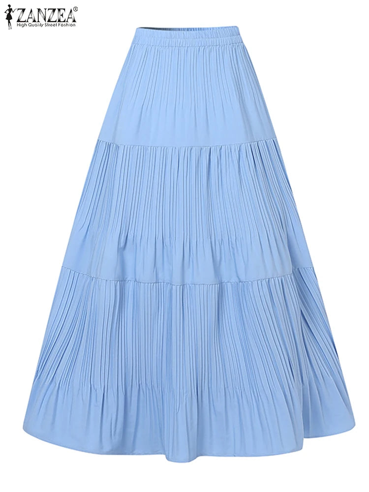 2025 ZANZEA Oversized Summer Maxi Skirts Women Elastic Waist Pleated Long Skirt Casual Solid Color High Waist Ruffled Skirts.