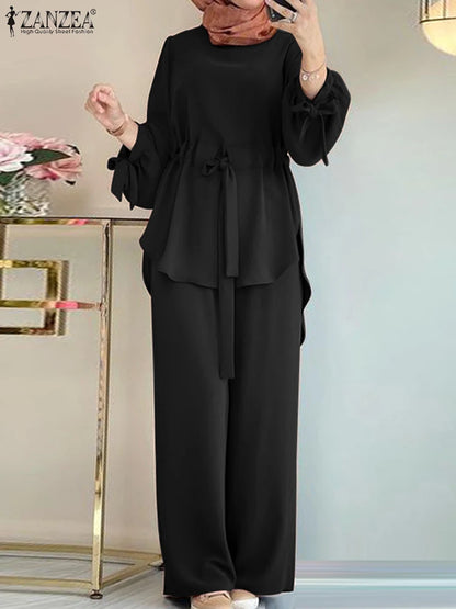 ZANZEA Muslim Women Matching Sets Long Sleeve Solid Color Tops And Loose Pant Suits Elegant Fashion Casual Tracksuit Kaftan 2025
