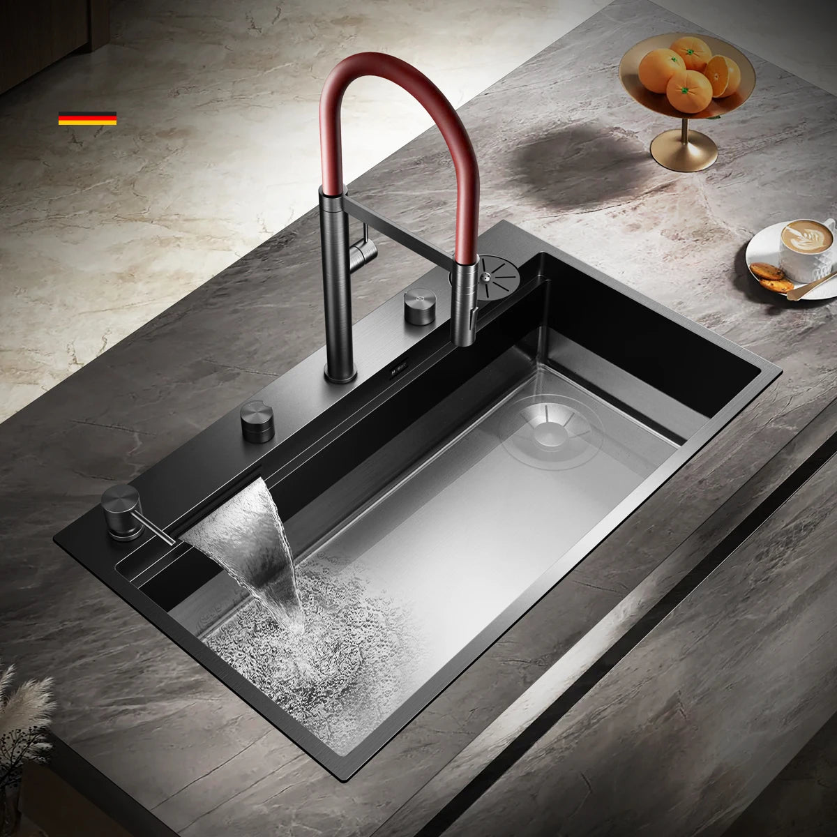 ASRAS large kitchen stainless steel nano sink with built-in waterfall faucet and large drainage outlet design