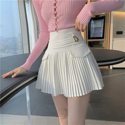 White Pleated Skirt Women  High Waist Skater Skirt Female Korean A-Line High Fashion Casual Short Skirt Women Bottoms.