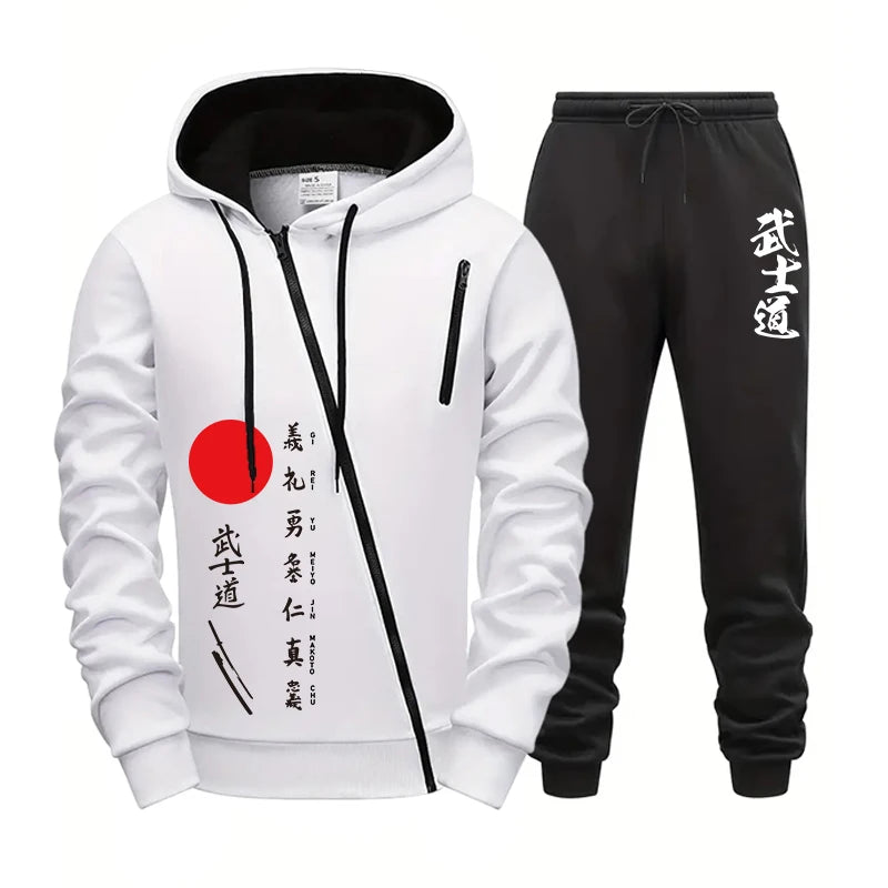 2025 New Arrival Men's Bushido Print Hoodie Sweatpants High Quality Male Outdoor Casual Sport Jogging Suit Motorcycle Zip Outfit.