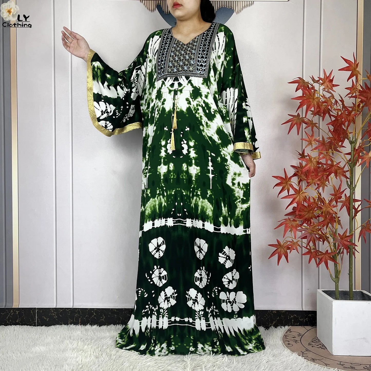 2025 New African Abaya For Women Dress Loose Batwing Sleeve Pockets High-quality Tie-dye Pure Cotton Fabric Women Islam Clothing.