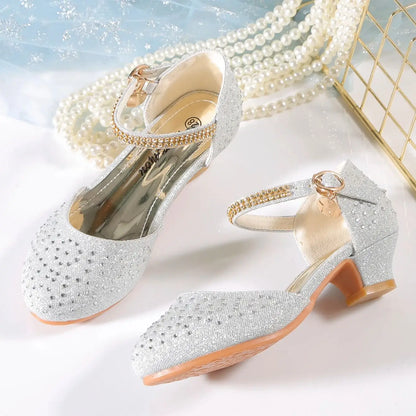 YUNICUS Spring Girls Rhinestone Shiny Princess Shoes Children'S Performance Crystal Shoes Little Girls low Heel Single Shoes.