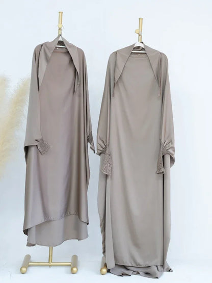 Ramadan Muslim Robe 2 Piece Set Mommy & Kids Prayer Garment Hijab Dress Women Girls Hooded Abaya Niqab Islam Dubai Eid jilbab