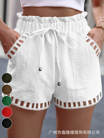 Summer Cotton Linen Shorts for Women Fashion Splice High Waist Drawstring Loose Casual Short Pants Ladies Hollow Pocket Shorts.